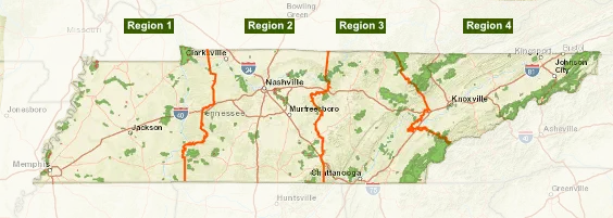 TWRA's interactive map of Tennessee wildlife management areas, showing the Catoosa boundary